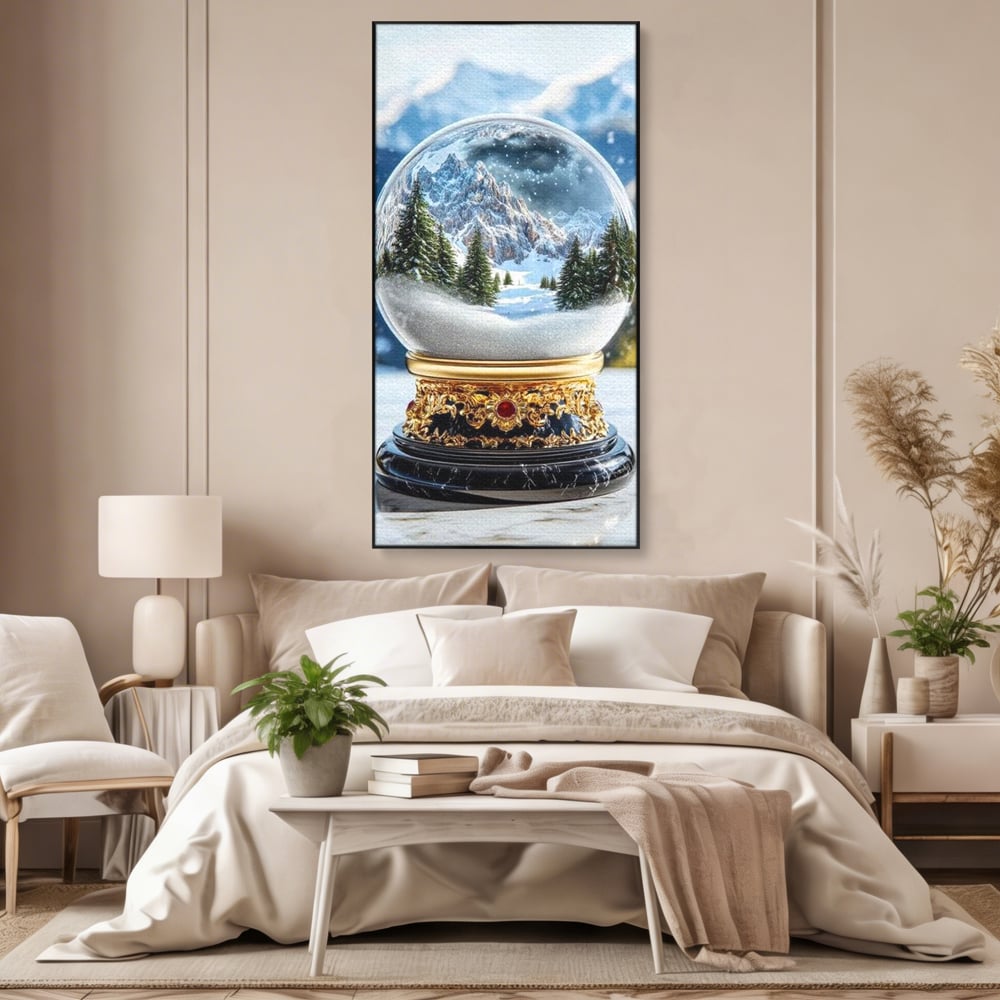 Tablou canvas cu tablou canvas cu glob de sticla si munti, in rama de aluminiu negru, pe perete intr-un dormitor